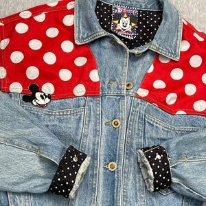 Vtg Disney Joujou Mickey Minnie Mouse Denim Jacket S Polka Dot Western Cropped‎